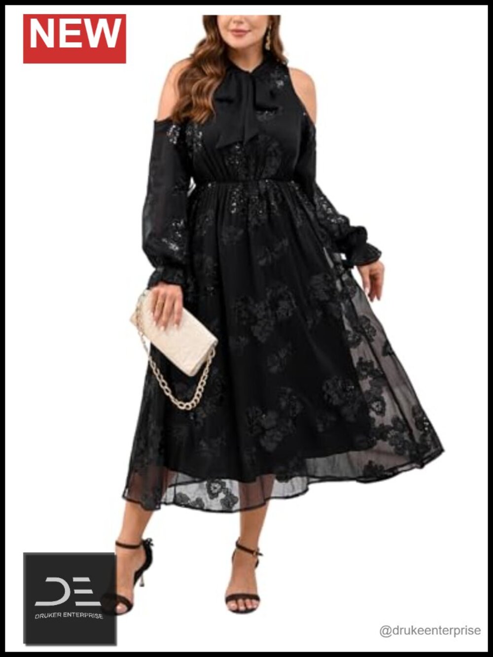 Plus Size Cold Shoulder Tie Bow V-Neck Chiffon Dress with Sequins